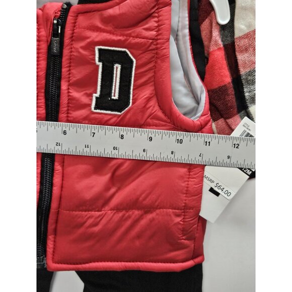 DKNY Size 12M Set Of 3, Red Vest/ Black Pants/ Red Plaid Button Up Long Sleeve - Picture 5 of 12